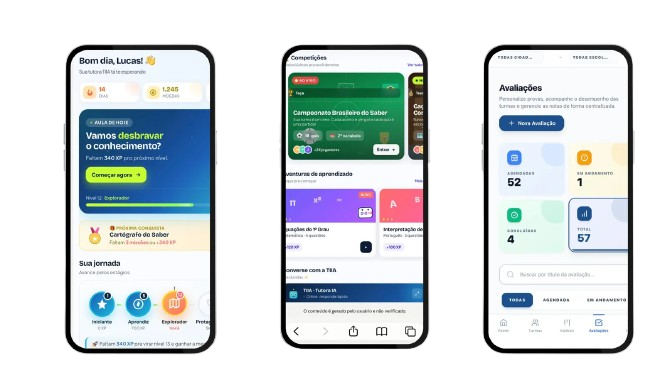 Aplicativo TIIA no celular: jornada gamificada do aluno, competições entre turmas e avaliações
